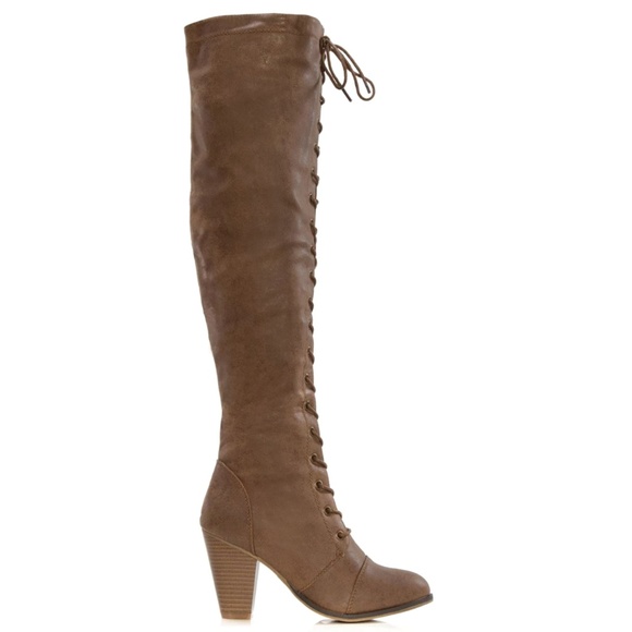 New Tan Over the Knee Combat Lace Up Heel Boots - Picture 3 of 6